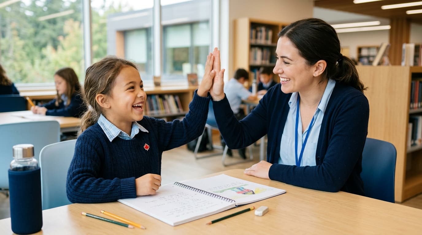 Elementary school student smiling and high-fiving her tutor after mastering a concept