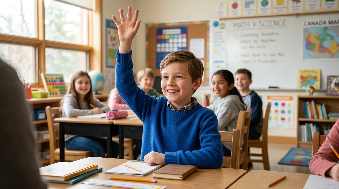 Young Canadian elementary student smiling with hand raised enthusiastically in class