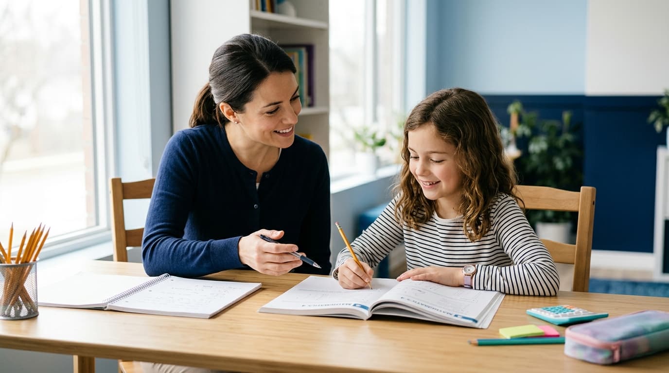 Friendly IntelliX educator patiently guiding an elementary student through workbook exercises in Burlington