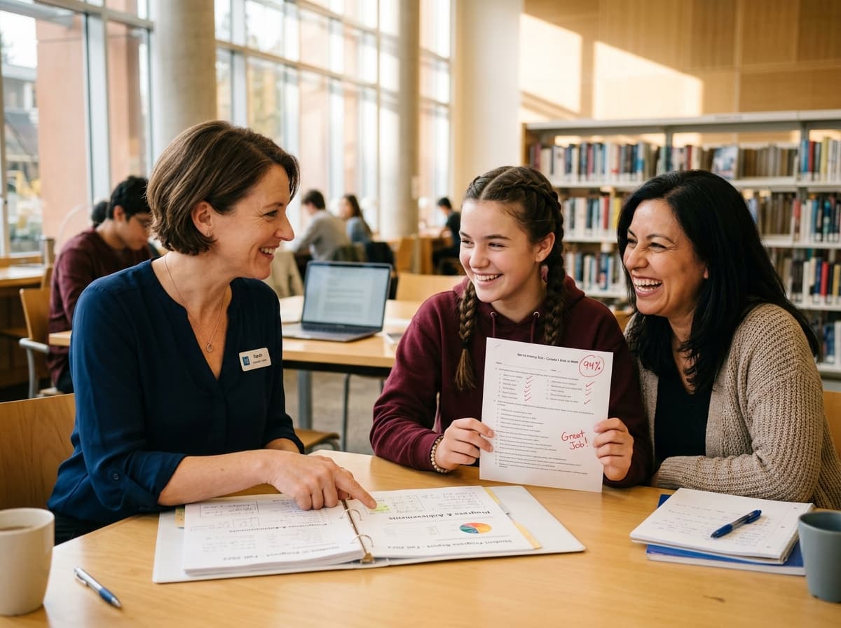 Tutor, student, and parent happily reviewing a 94 percent test result and academic progress report